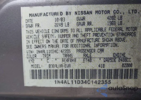 2004 Nissan Altima 2.5 S from USA, damaged, VIN 1N4AL11D34C142355